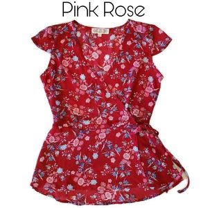Pink Rose Red Floral Wrap Top